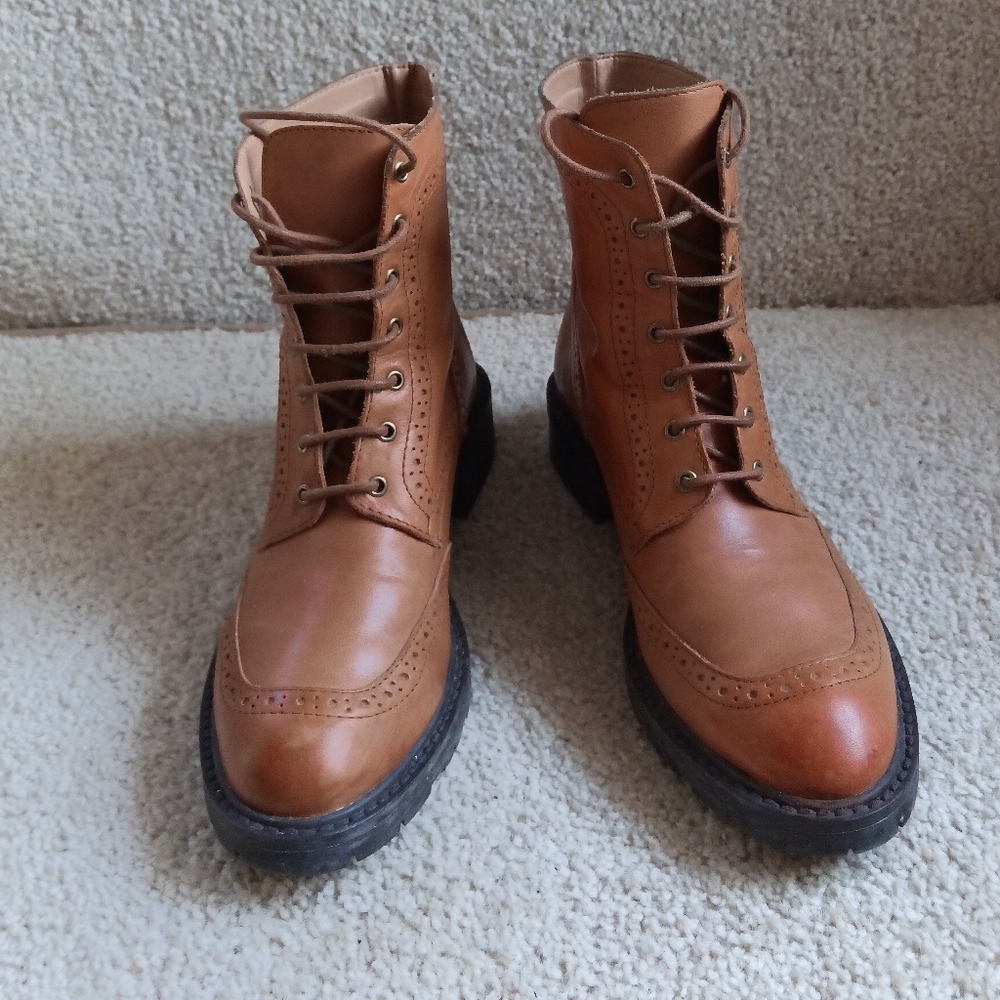 CCO🍿Like New Zara Women's Tan Leather Lace Up Ankle Boots
